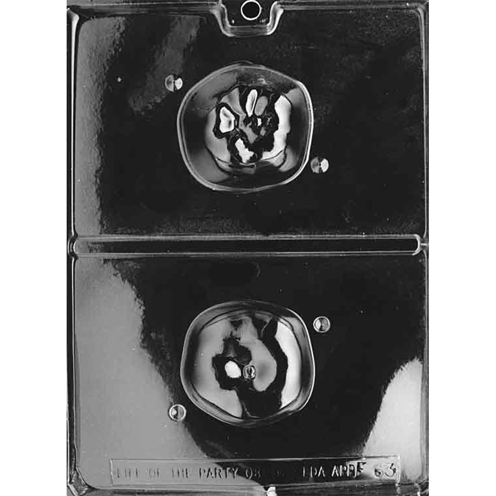 Clear plastic two-part Large 3D Apple Chocolate Mold with matching front and back cavities for a 2 5/8-inch apple