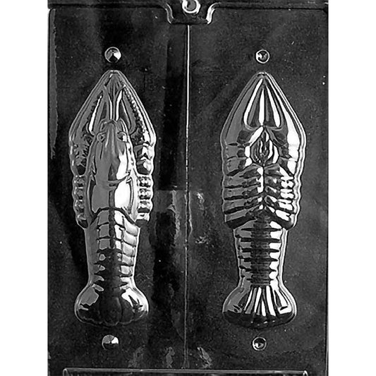 Clear Large 3D Lobster Chocolate Mold photographed against a black background with two long lobster-shaped cavities showing claws, segmented bodies, and tail fins.