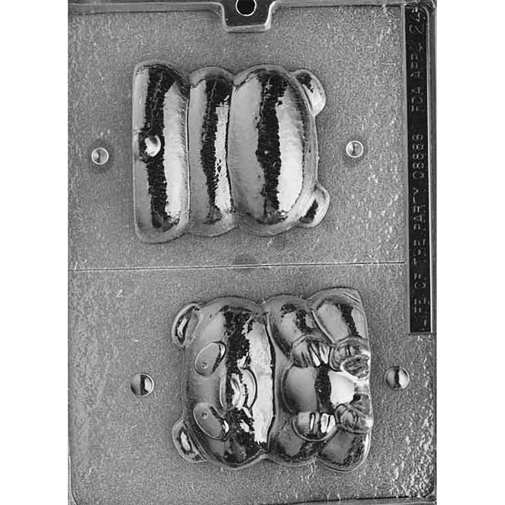 Two-cavity large 3D panda bear chocolate mold with front and back halves, making one assembled 3 1/4 x 3 3/4-inch seated panda