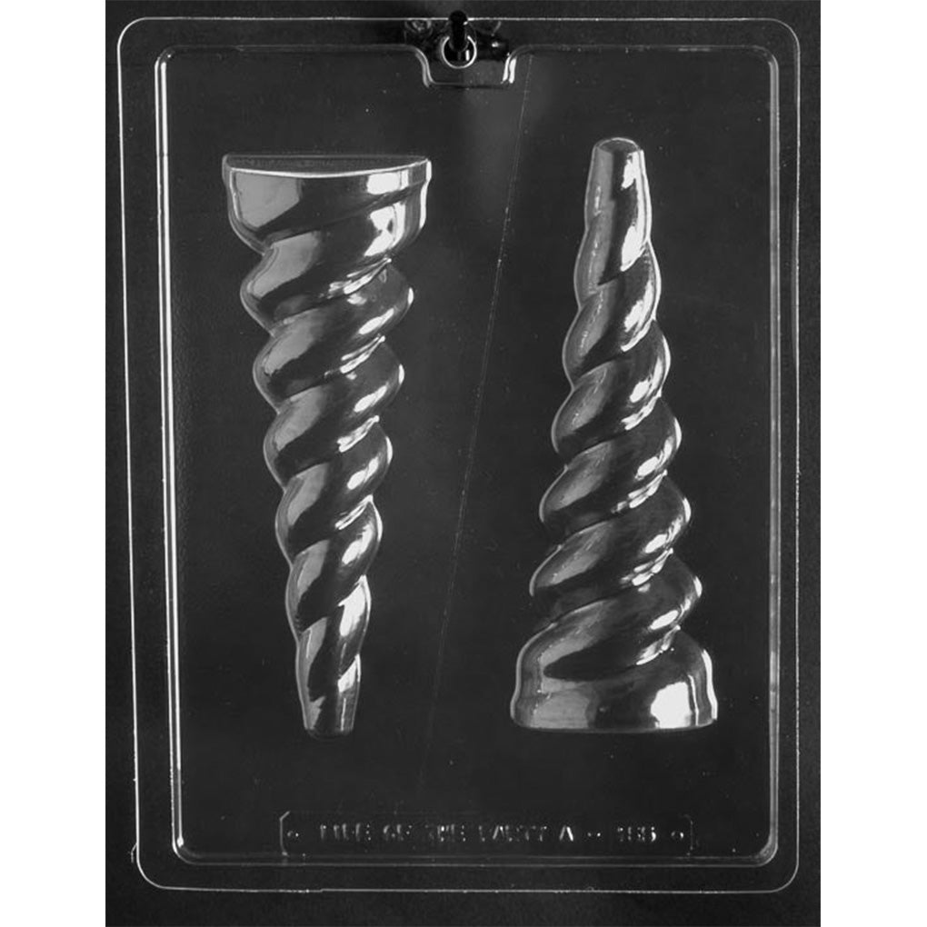 Two-piece large 3D unicorn horn chocolate mold with front and back spiral cavities, creating a 7-inch-tall horn with a 1 3/4-inch-wide base.