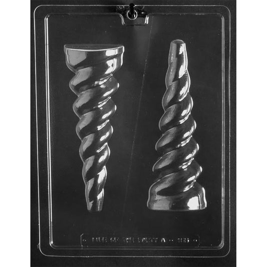 Two-piece large 3D unicorn horn chocolate mold with front and back spiral cavities, creating a 7-inch-tall horn with a 1 3/4-inch-wide base.