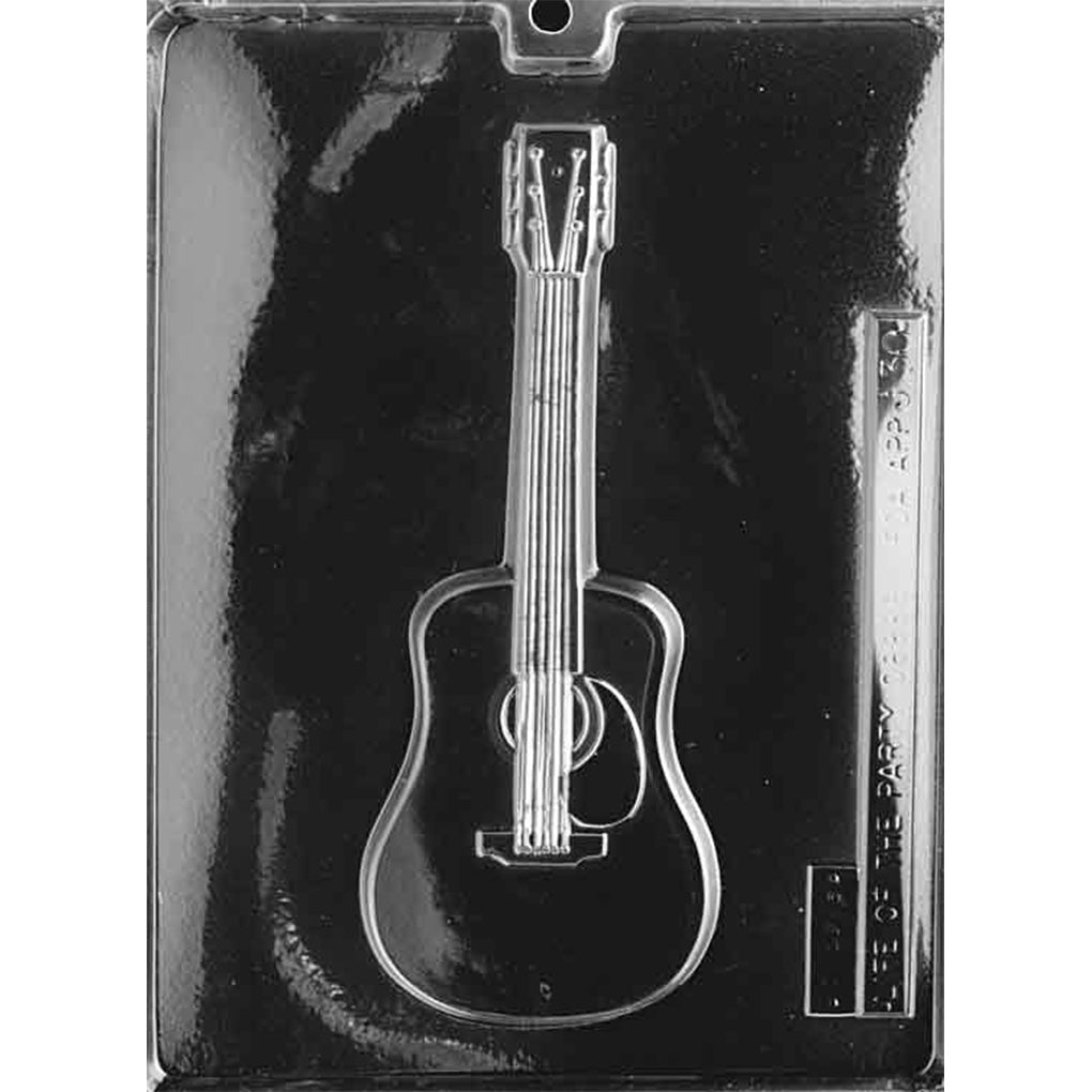 Single-cavity large acoustic guitar chocolate mold with a detailed body, sound hole, pickguard, strings, neck, and headstock.
