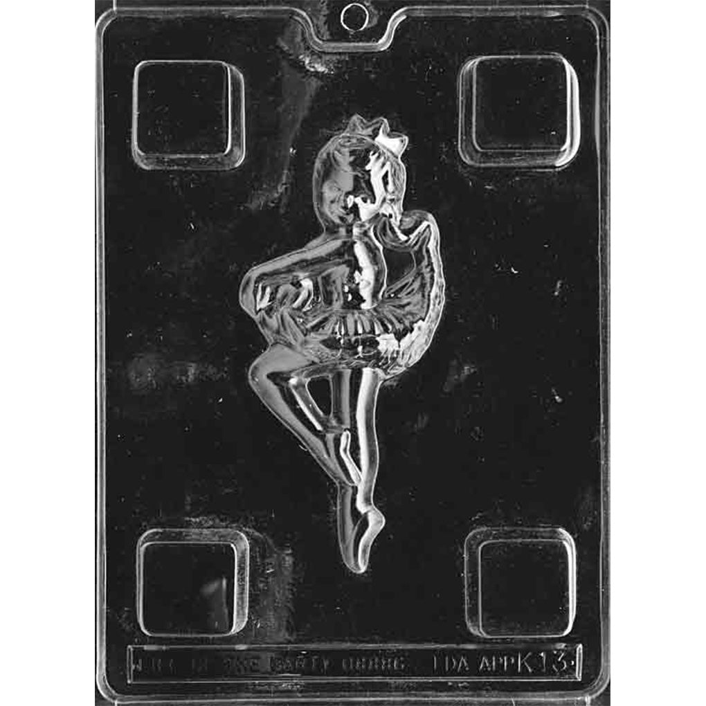 Chocolate mold with one large full-length ballerina cavity wearing a tutu and small crown in a bent-leg ballet pose with pointed slippers.