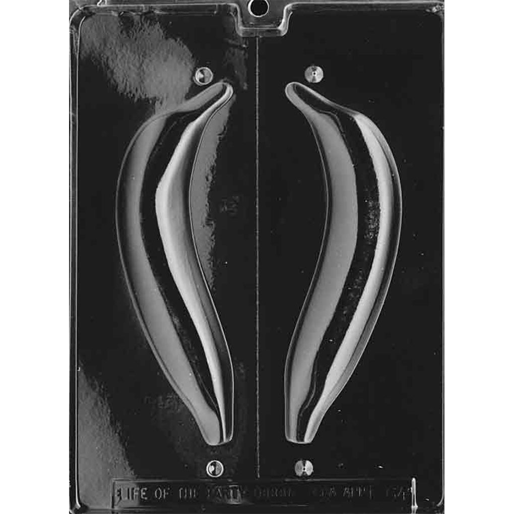 Clear plastic 3D chocolate mold with two long banana-shaped cavities designed to be cut into halves and joined to form a realistic banana chocolate.
