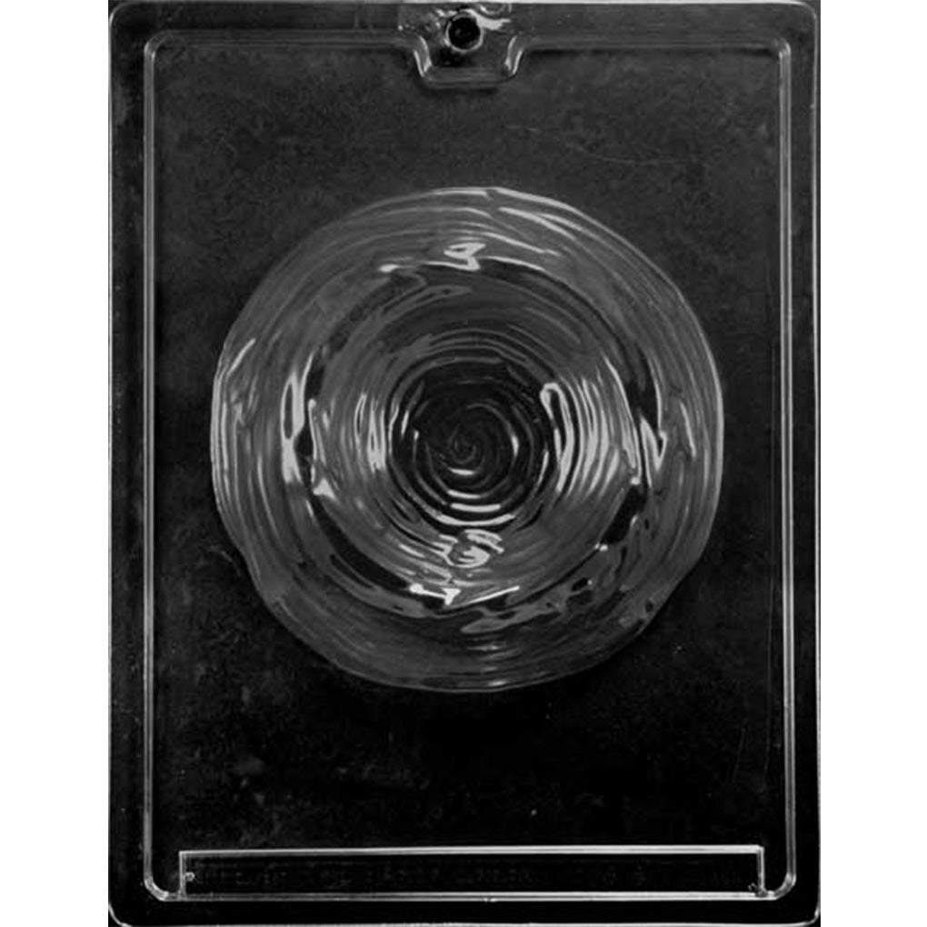 Clear plastic chocolate mold with one large round nest cavity featuring a swirling woven texture and a deep spiral center, designed to cast a 5 1/2-inch chocolate nest bowl.