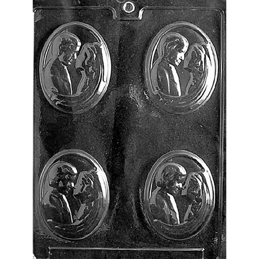 Bride and groom medallion chocolate mold with an oval cameo-style portrait in raised relief and a decorative border