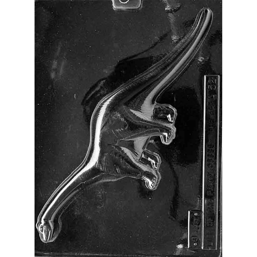 Clear Large Brontosaurus Chocolate Mold with one large long-neck dinosaur cavity, shown on a black background.