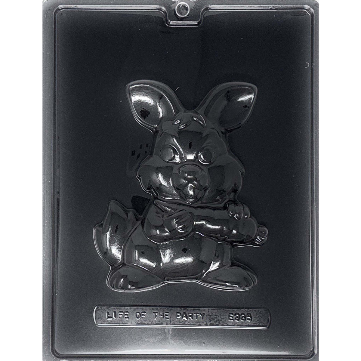 Clear Large Bunny Holding Carrot Chocolate Mold photographed against a black background with one seated rabbit cavity featuring long ears, paws, feet, and a carrot.