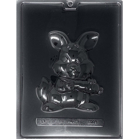 Clear Large Bunny Holding Carrot Chocolate Mold photographed against a black background with one seated rabbit cavity featuring long ears, paws, feet, and a carrot.