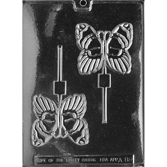 Large butterfly chocolate lollipop mold with two cavities featuring detailed wing patterns and integrated stick channels