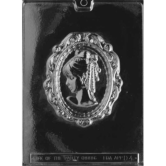Large chocolate mold with one ornate oval cameo cavity featuring a Victorian lady in side profile with detailed hair and decorative frame