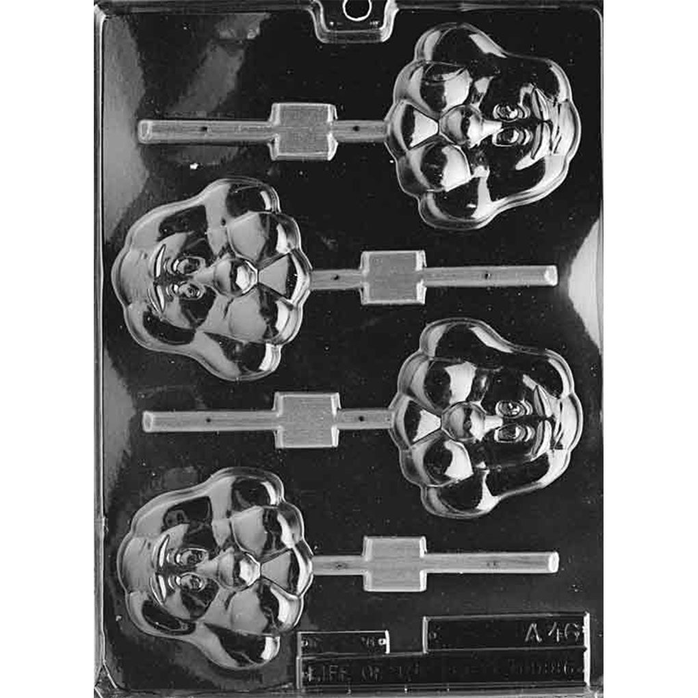 Clear chocolate lollipop mold with four large cartoon hound dog face cavities featuring floppy ears, round noses, and straight stick channels.