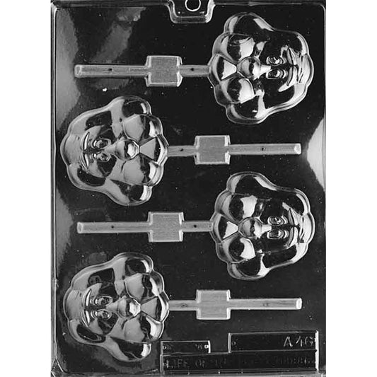 Clear chocolate lollipop mold with four large cartoon hound dog face cavities featuring floppy ears, round noses, and straight stick channels.