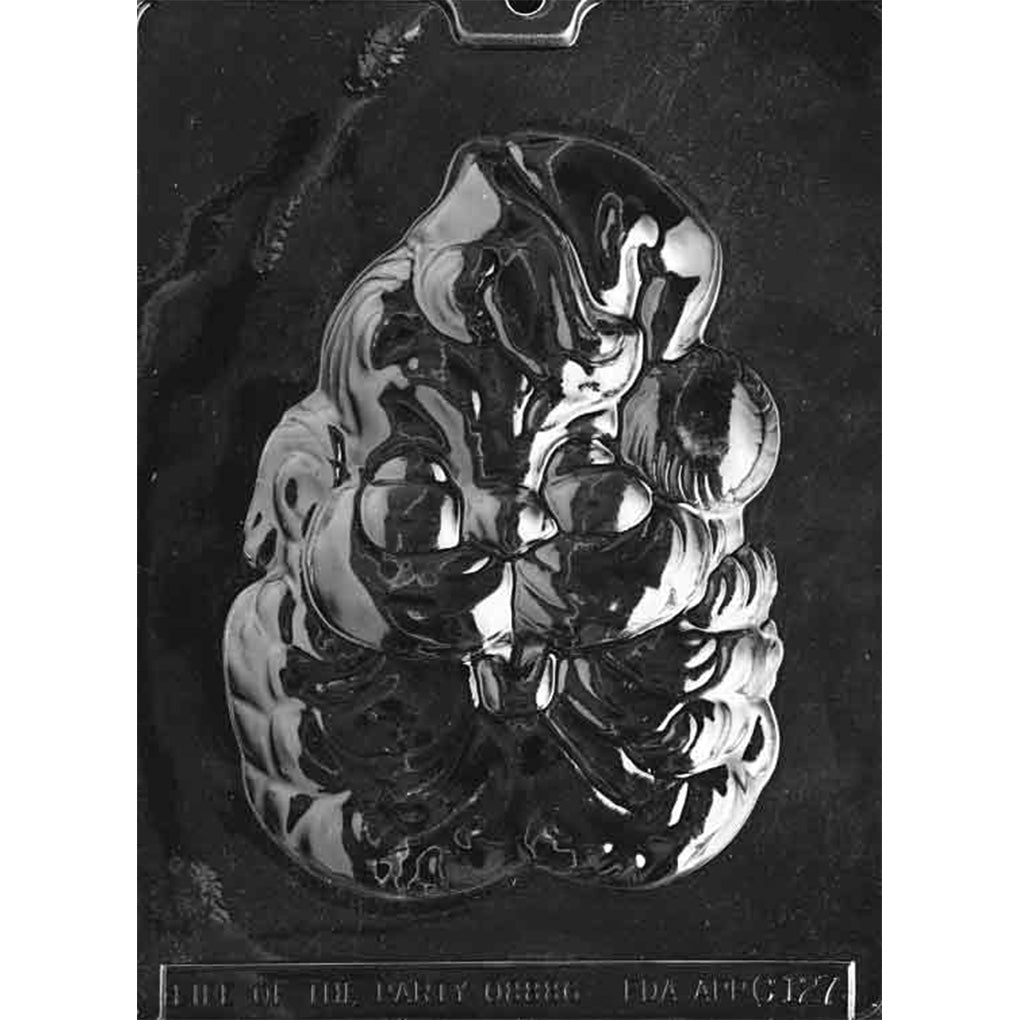 Clear plastic chocolate mold with one large cartoon Santa face cavity featuring a curly beard, small rosebud mouth, and stocking cap with a round pom-pom, shown on a dark background.