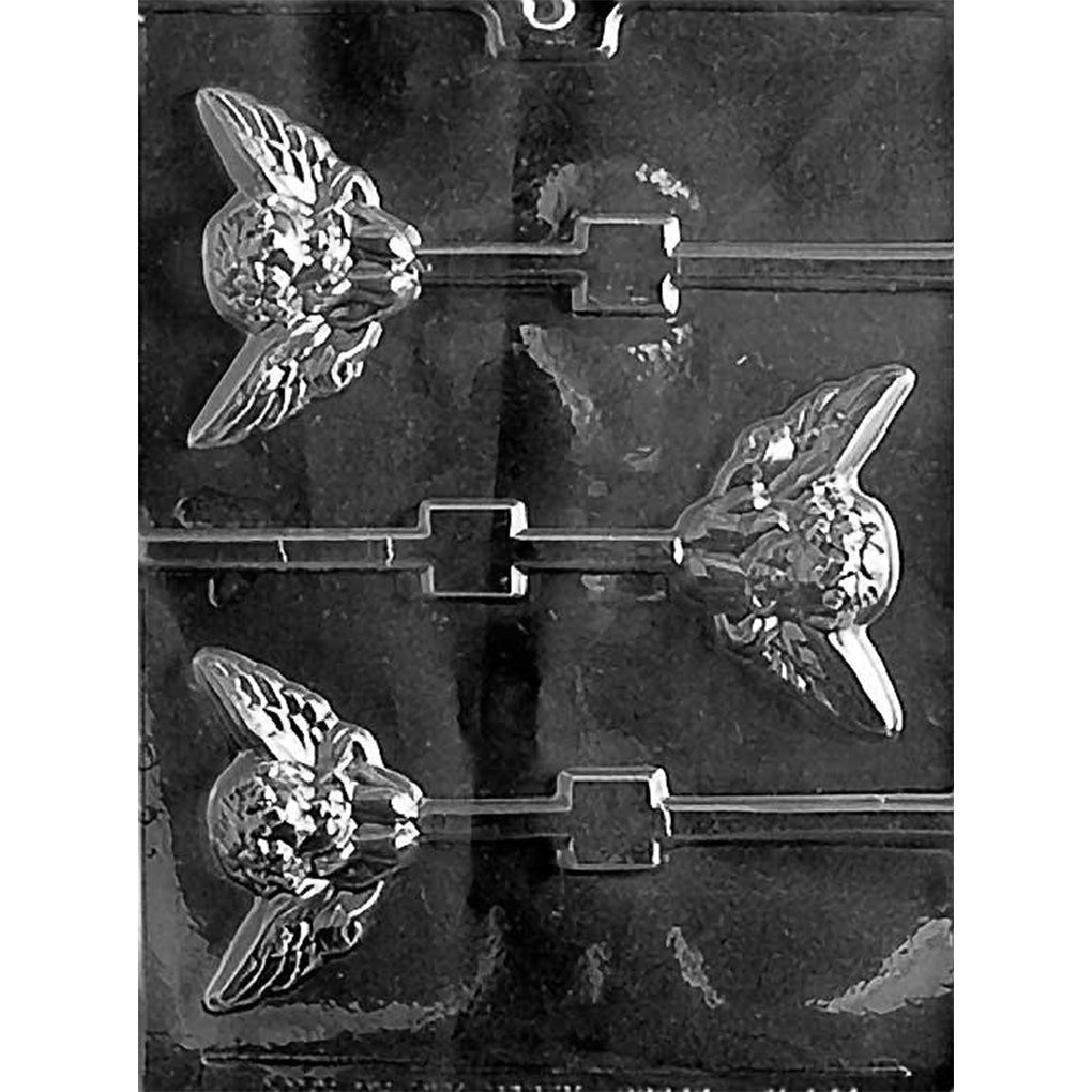 Clear plastic chocolate lollipop mold with three winged cherub-shaped cavities and stick channels for making cherub chocolate pops.