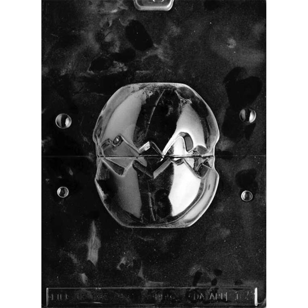 Clear plastic large cracked egg half 3D chocolate mold with one large egg cavity featuring a jagged cracked-shell opening around the middle, designed to form a hollow egg half.