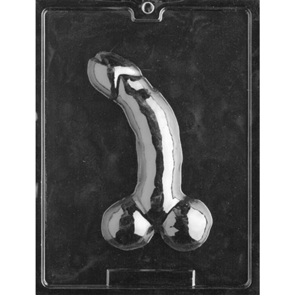 Clear plastic Large Curved Penis Chocolate Mold photographed against a dark background, featuring one oversized penis-shaped cavity with a curved shaft and rounded testicles.