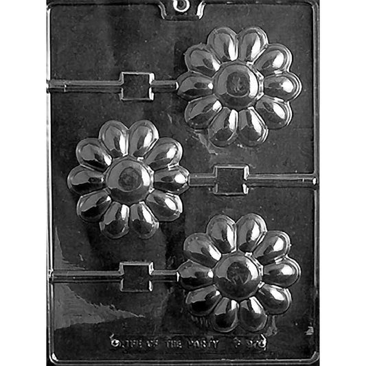 Clear plastic chocolate lollipop mold with three large daisy flower cavities, each featuring rounded petals, a raised center, and a channel for a lollipop stick.