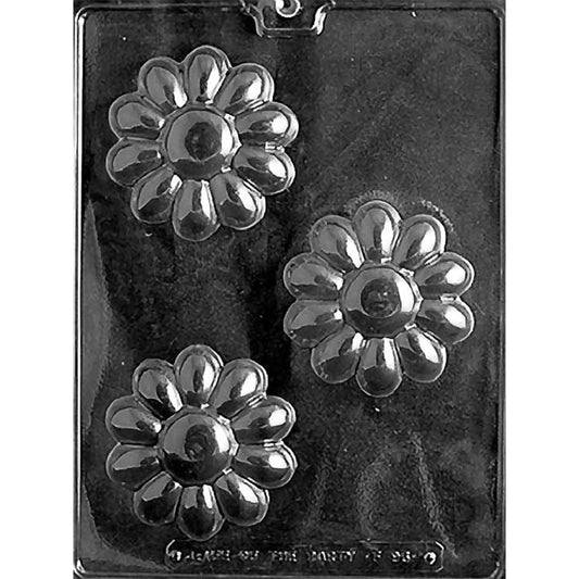 Clear plastic chocolate mold with three large daisy-style flower cavities, each with rounded petals and a raised domed center.