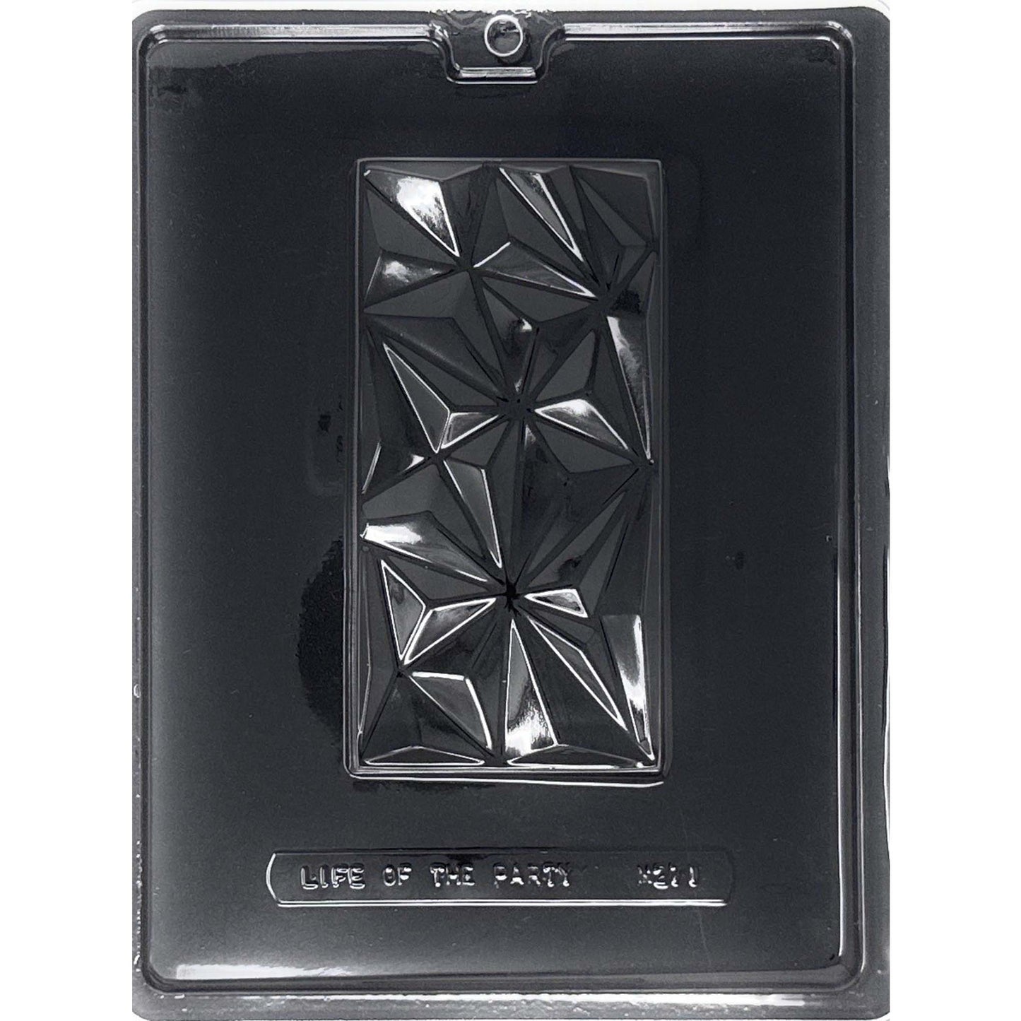 Clear Large Dubai Chocolate Bar Mold photographed against a black background, featuring one deep rectangular bar cavity covered with an angular faceted geometric pattern.
