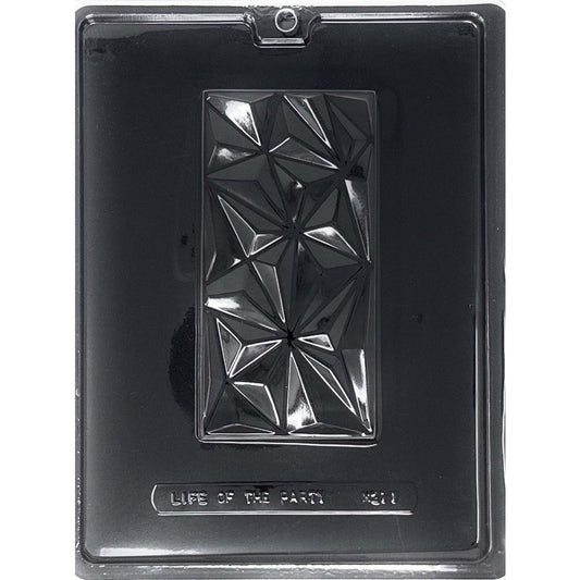 Clear Large Dubai Chocolate Bar Mold photographed against a black background, featuring one deep rectangular bar cavity covered with an angular faceted geometric pattern.