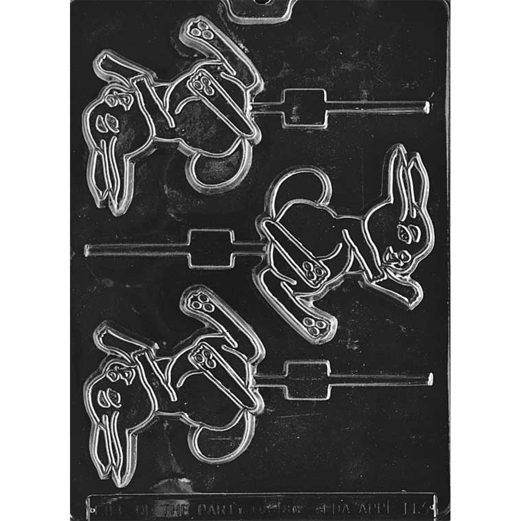 Clear plastic large flat hopping bunny chocolate lollipop mold with three bunny cavities, showing a side-view bunny in a hopping pose with raised outline details and built-in stick channels.