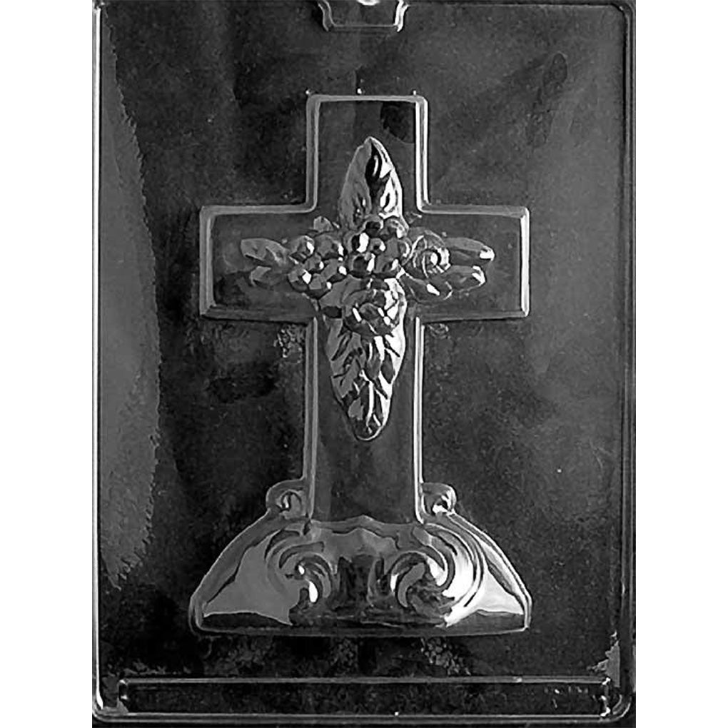 Single-cavity large floral cross chocolate mold with raised flowers, leaves, and an ornate pedestal-style base, using approximately 6.3 ounces per piece.