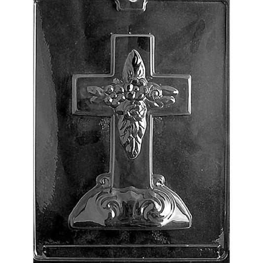 Single-cavity large floral cross chocolate mold with raised flowers, leaves, and an ornate pedestal-style base, using approximately 6.3 ounces per piece.