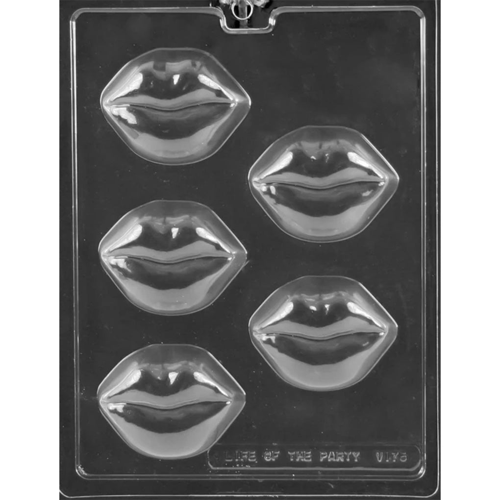Clear chocolate covered cookie mold with five large full lip-shaped cavities featuring rounded upper and lower lips and a pronounced pout.