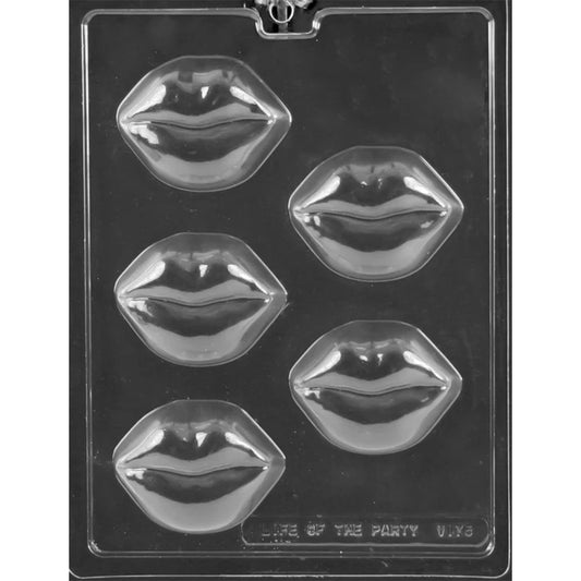 Clear chocolate covered cookie mold with five large full lip-shaped cavities featuring rounded upper and lower lips and a pronounced pout.