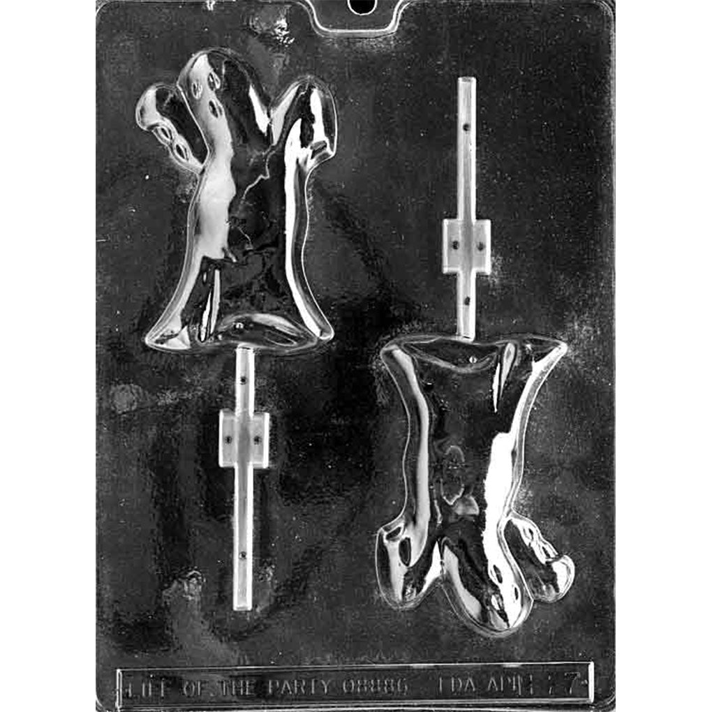 Clear plastic chocolate lollipop mold with two large ghost-shaped cavities, each showing a classic floating ghost silhouette with raised arms and stick channels.