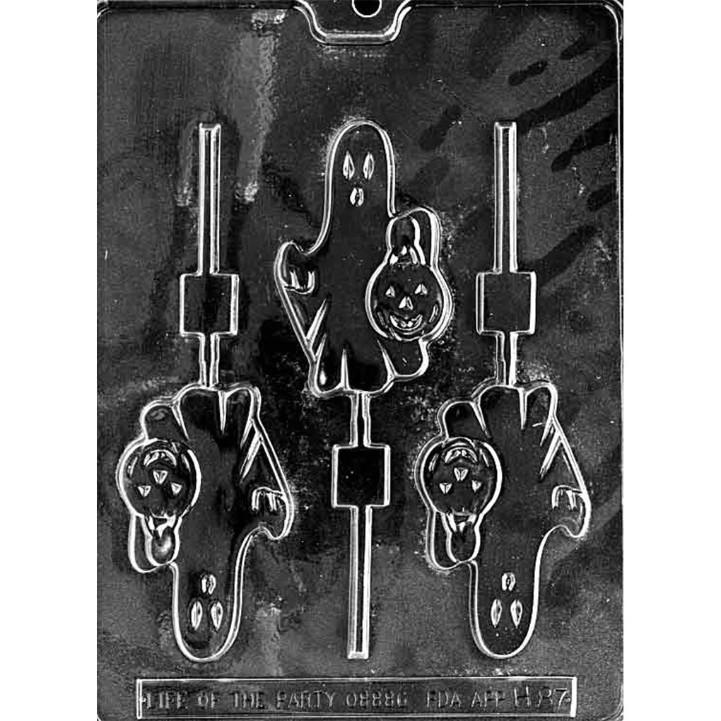 Clear Ghost Holding Pumpkin Chocolate Lollipop Mold photographed against a black background with three ghost cavities carrying jack-o’-lantern pails and built-in stick channels.
