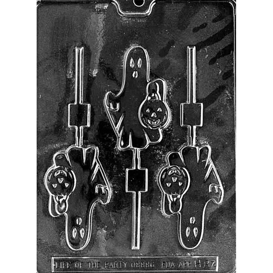 Clear Ghost Holding Pumpkin Chocolate Lollipop Mold photographed against a black background with three ghost cavities carrying jack-o’-lantern pails and built-in stick channels.