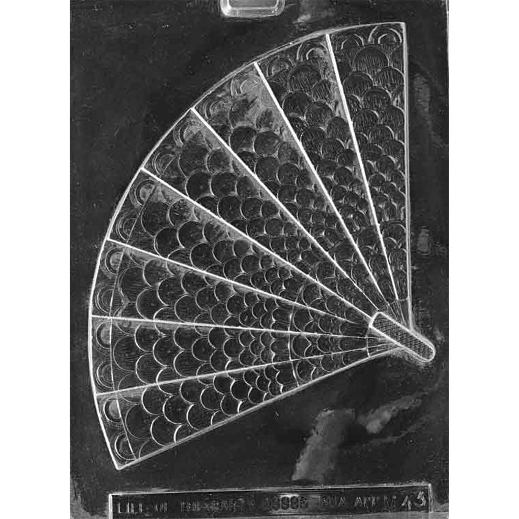 Large Hand Fan chocolate mold with one 9 3/4-inch open fan cavity featuring radiating ribs, scalloped panels, curled edges, and a short handle