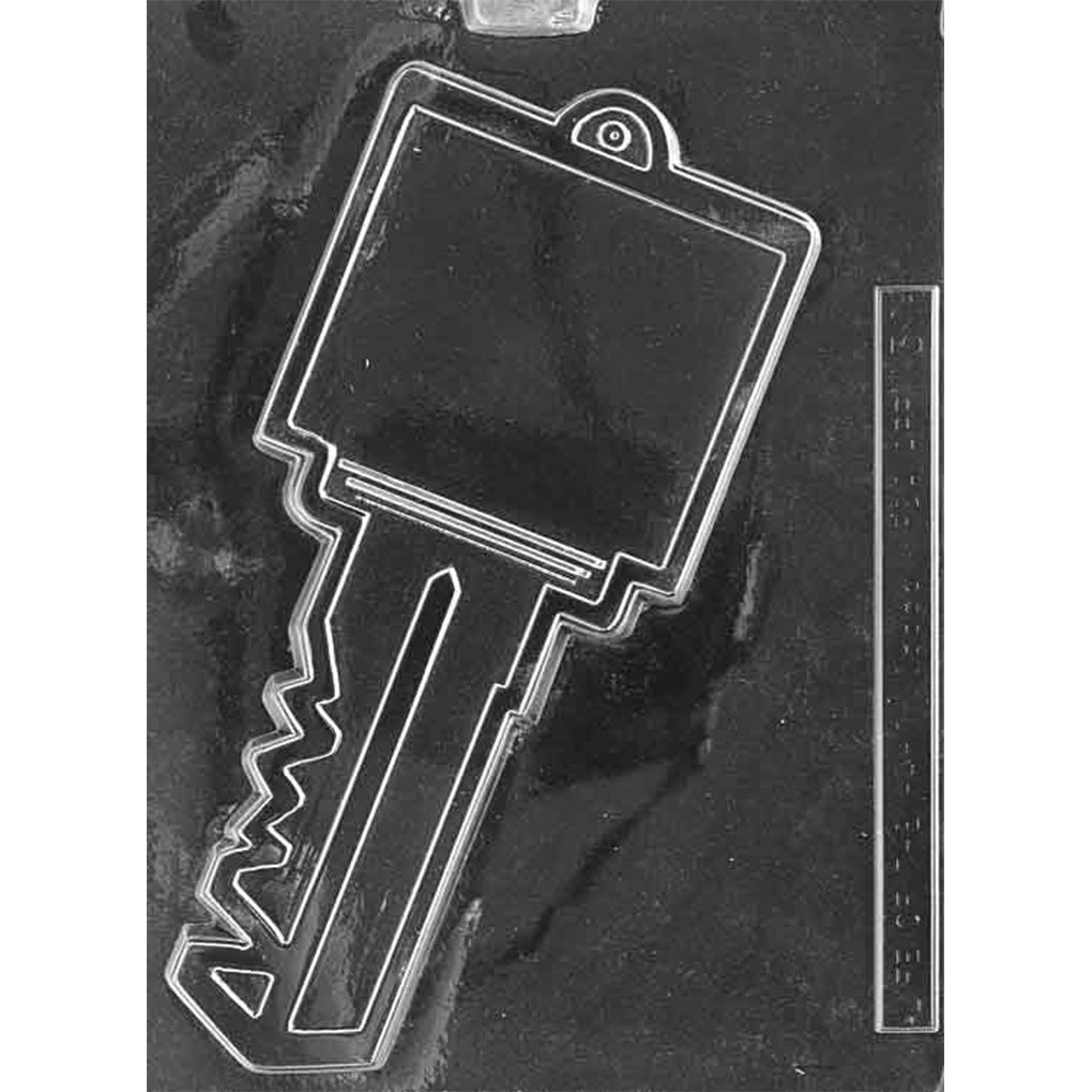 Large House Key chocolate mold with one 9 1/8-inch key cavity featuring a notched blade, center groove, and wide rectangular message area