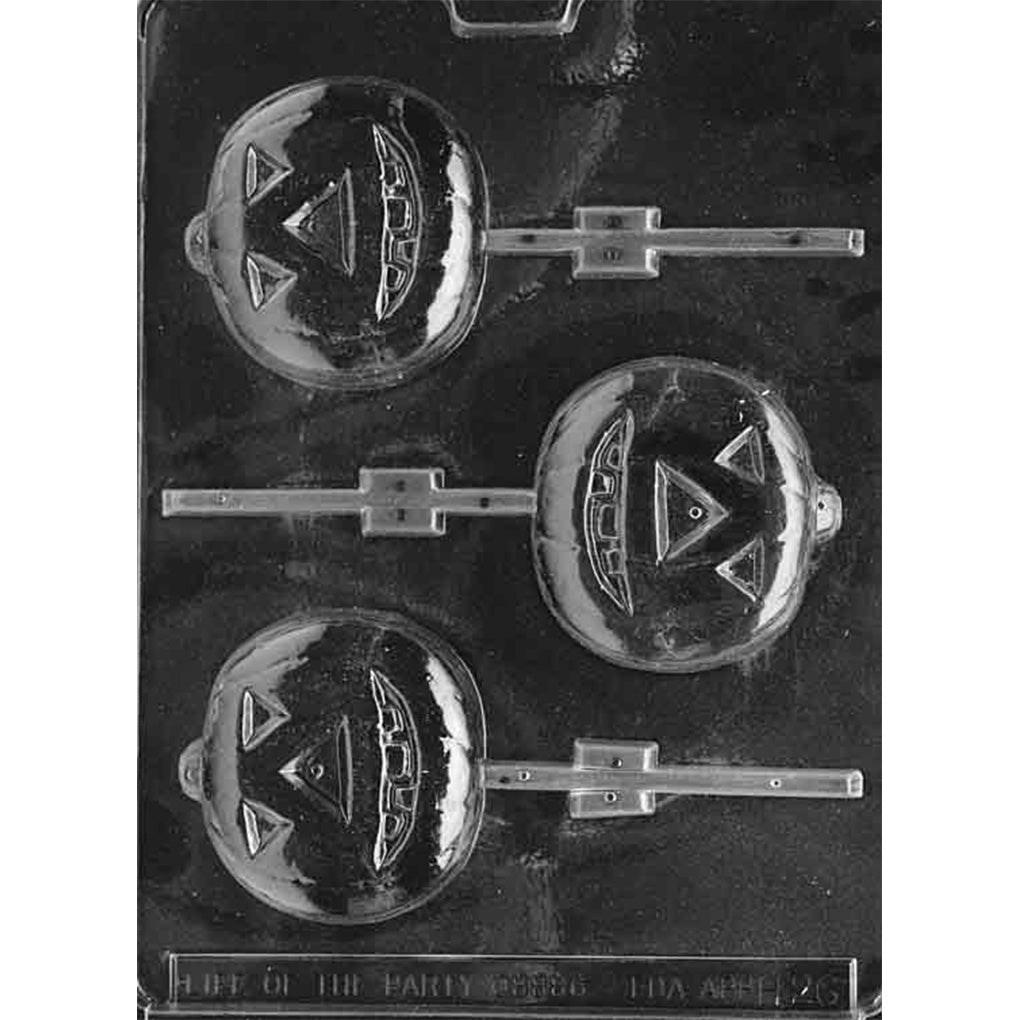 Large jack-o-lantern chocolate lollipop mold with three 3-inch round pumpkin cavities featuring toothy faces, small stems, and built-in stick channels