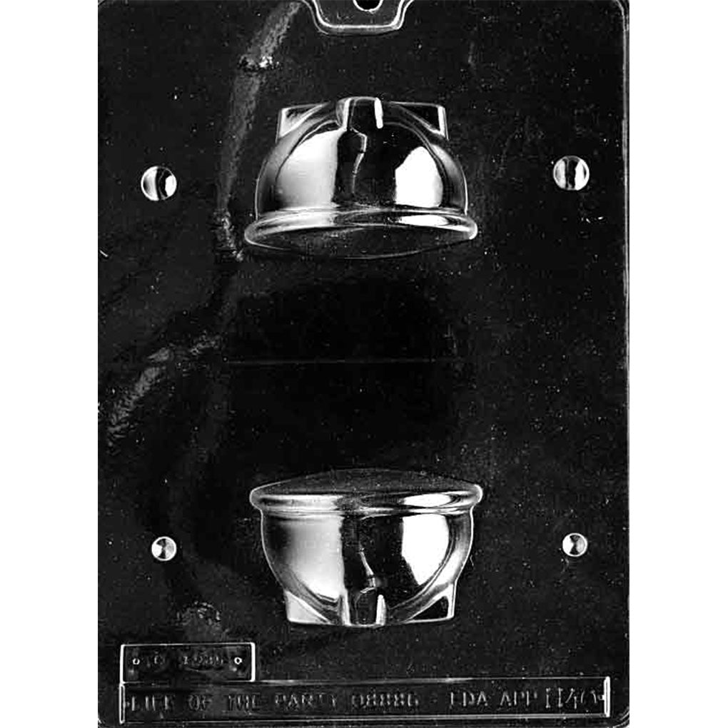 Two-piece clear plastic 3D chocolate mold shaped like a large kettle or cauldron.