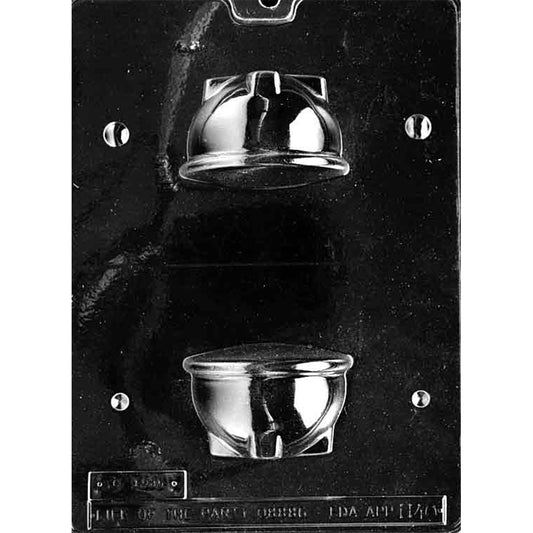 Two-piece clear plastic 3D chocolate mold shaped like a large kettle or cauldron.