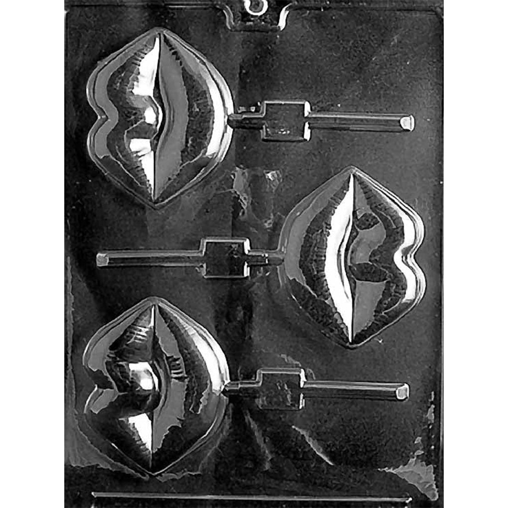 Clear plastic chocolate lollipop mold with three large lip-shaped cavities featuring curved lip detail and stick channels for making oversized lips chocolate pops.