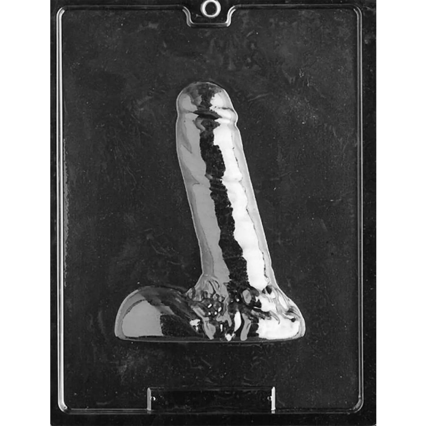 Clear plastic Large Penis Chocolate Mold photographed against a dark background, featuring one oversized penis-shaped cavity with a long shaft, rounded tip, and testicles.