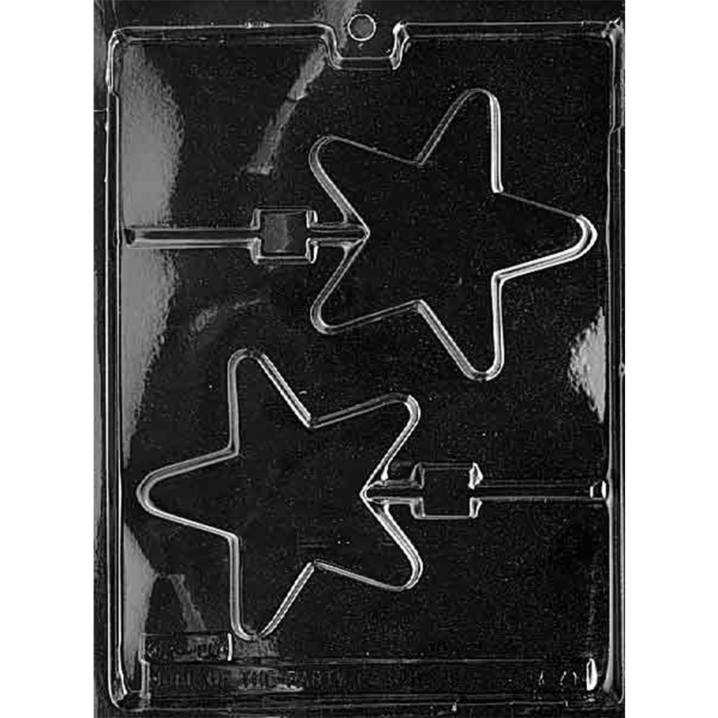 Clear Large Smooth Star Chocolate Lollipop Mold photographed against a black background with 3 large star-shaped cavities and built-in stick channels.