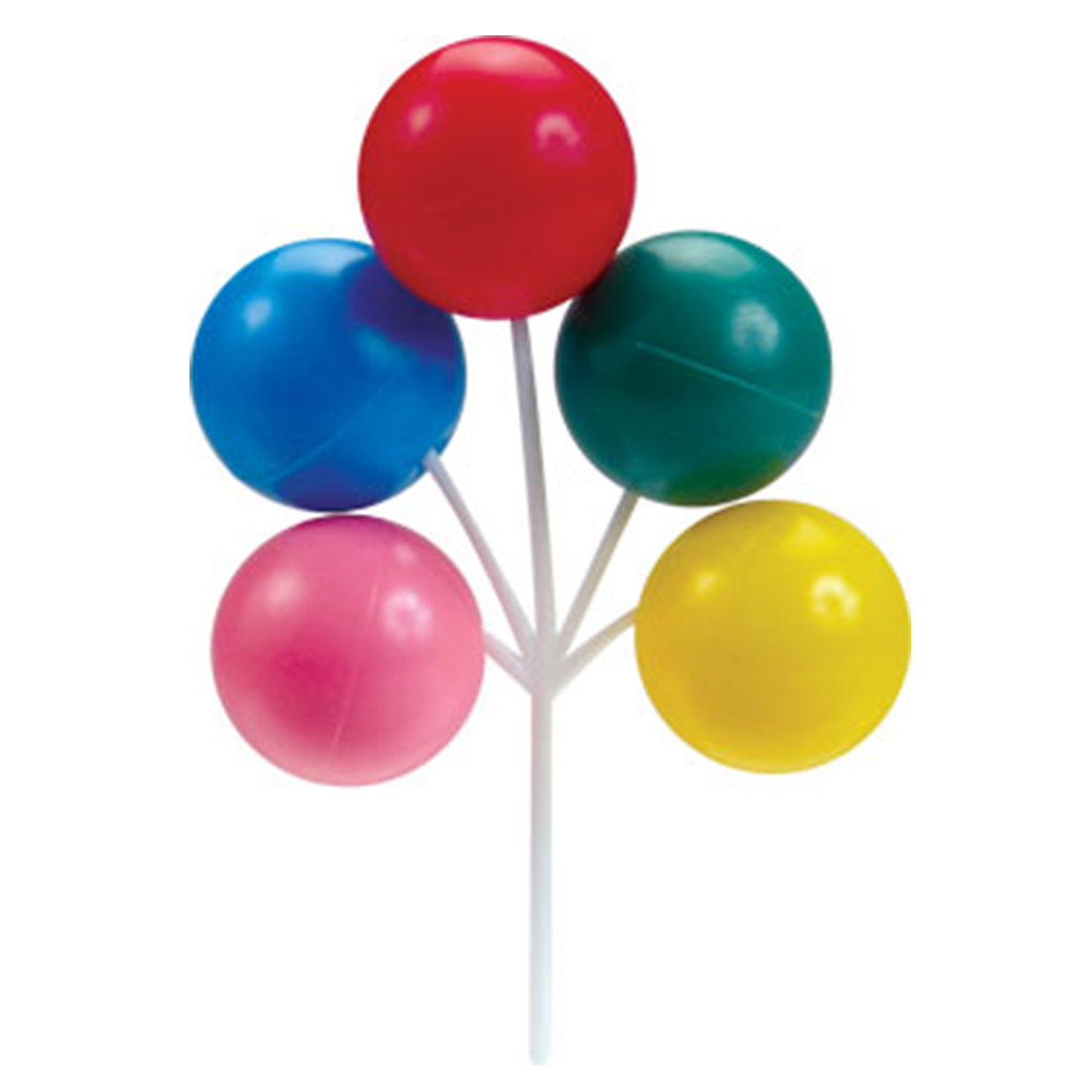Large balloon cake pick with five red, blue, green, pink, and yellow plastic balloons on a white 7-inch pick