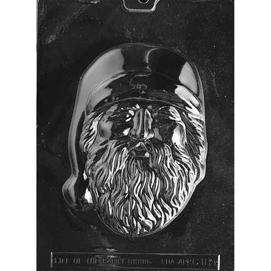 Clear plastic chocolate mold with one large realistic Santa face cavity featuring a long textured beard, moustache, and classic Santa cap; shown on a dark background for contrast.