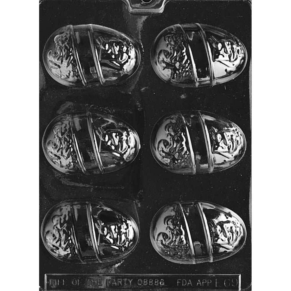 Clear plastic chocolate mold with six large Easter egg cavities, each egg featuring two decorative scenes and a smooth center stripe for writing names or messages.