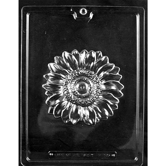 Clear Large Sunflower Chocolate Mold photographed against a black background with one large sunflower cavity showing layered petals and a textured center.