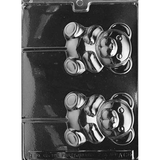 Clear Large Teddy Chocolate Lollipop Mold photographed against a black background with 2 teddy bear cavities featuring rounded ears, paws, detailed faces, and built-in stick channels.