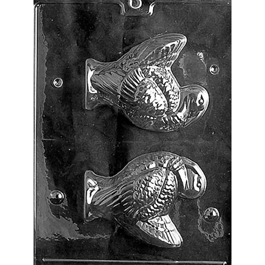 Clear two-piece chocolate mold with matching turkey halves featuring detailed wings, layered feathers, textured bodies, and sculpted heads on a dark background.
