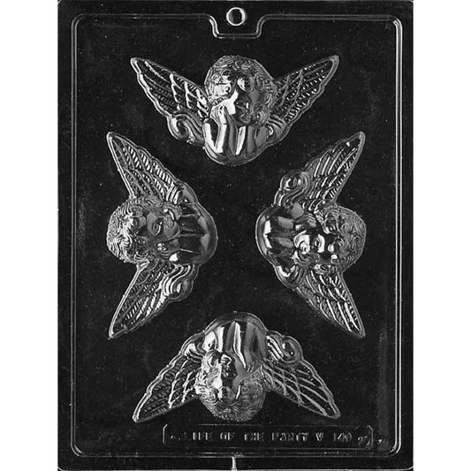 Clear plastic chocolate mold photographed on a dark background with four large winged cherub figure cavities, each showing a cherub face with curled hair and spread feathered wings.