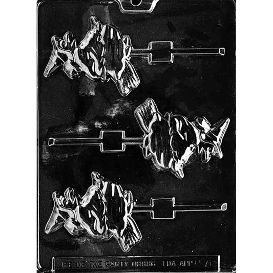 Clear plastic chocolate lollipop mold with three large flying witch on broom cavities shown on a black background.