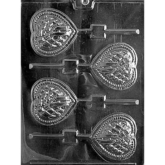 Clear plastic chocolate lollipop mold with four lattice heart cavities featuring centered bows, beaded borders, and built-in stick channels